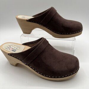 Maguba US 7 Womens Mule Clog Brown Leather Wooden Platform Slip On Boho Shoes